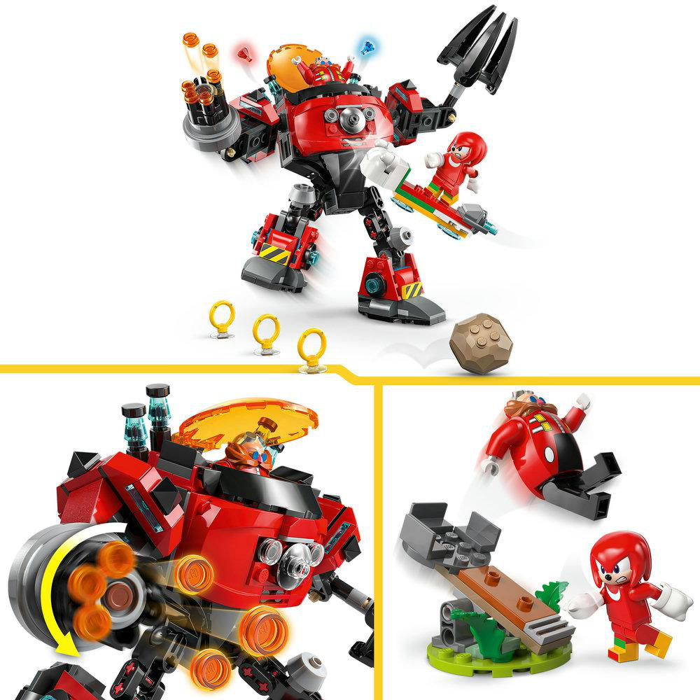 Ein roter Roboter mit schwarzen Klauen und eine kleine Figur auf einem Hoverboard. Darunter drei goldene Ringe und ein brauner Felsen.