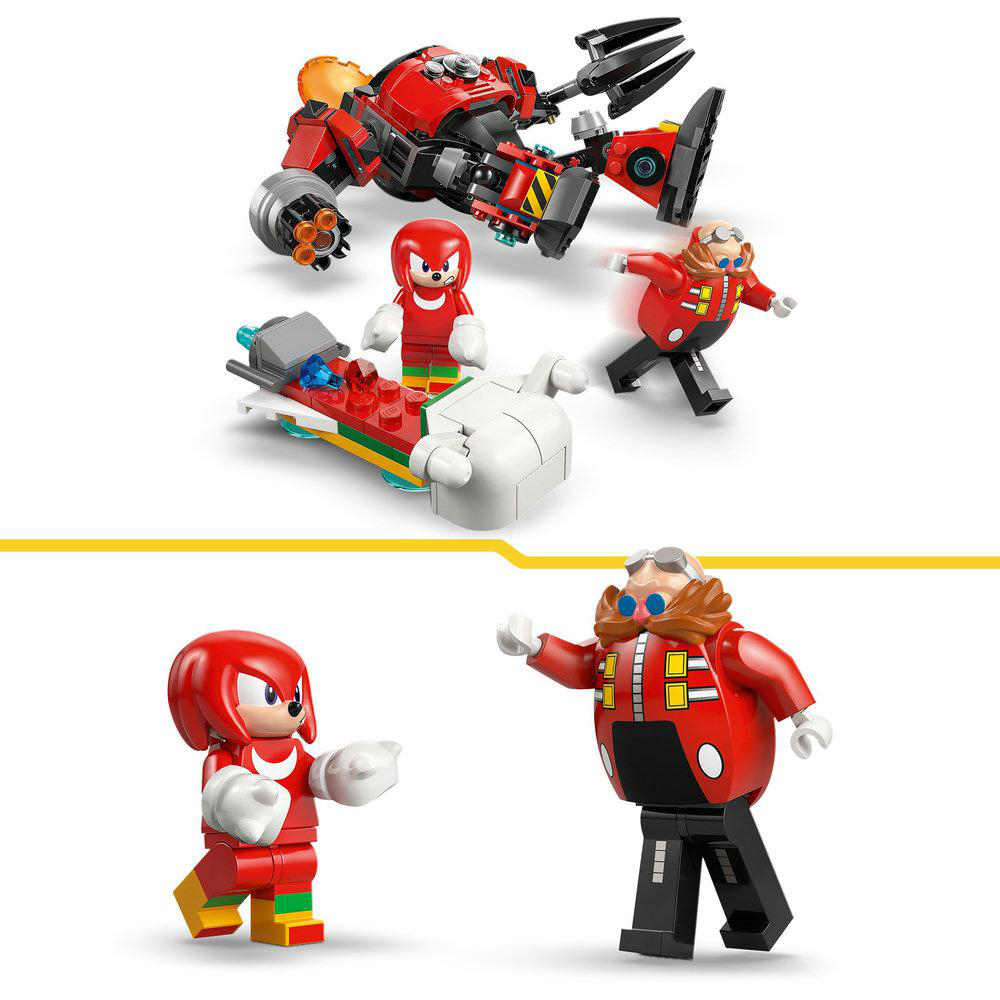 Lego-Set mit Sonic-Charakteren und einem roten Roboter. Zu den Charakteren gehören Knuckles und Dr. Eggman. Die Szene spielt vor weißem Hintergrund.