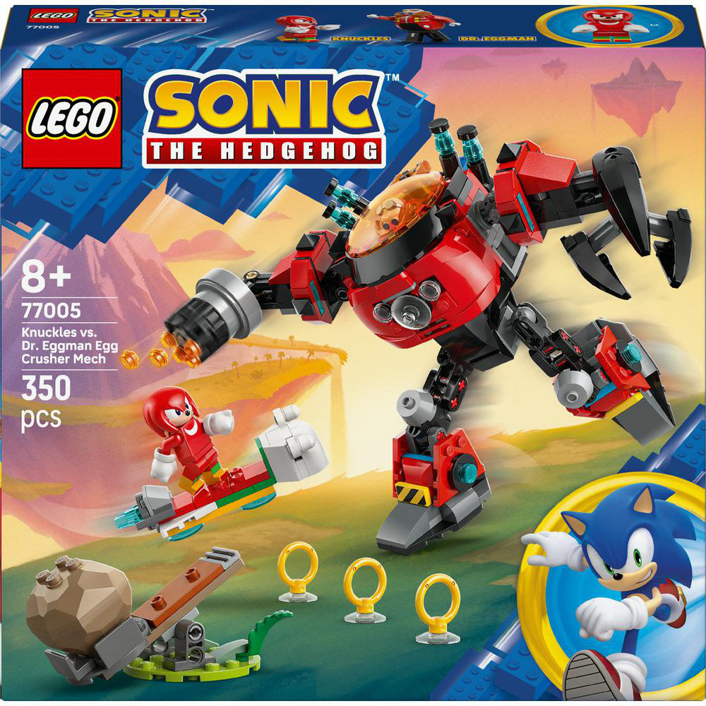 LEGO Sonic-Set-Box. Sie zeigt einen Mech und Knuckles mit Dr. Eggman, Ringen und Sonic. Das Set enthält 350 Teile.