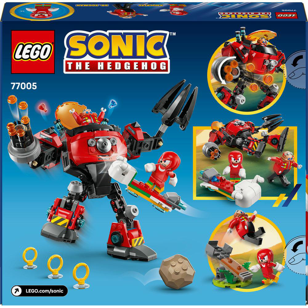 LEGO Sonic the Hedgehog Set. Roter und schwarzer Roboter, Sonic-Figuren, goldene Ringe und ein brauner Felsen vor blauem Hintergrund.