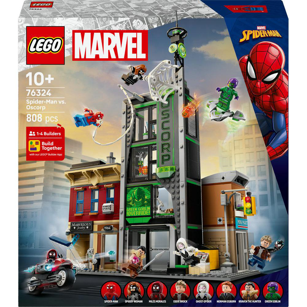 Lego-Box-Set mit Spider-Man vs. Oscorp. Enthält Figuren, Gebäude und ein Motorrad. Charaktere wie Green Goblin und andere sind vorhanden.