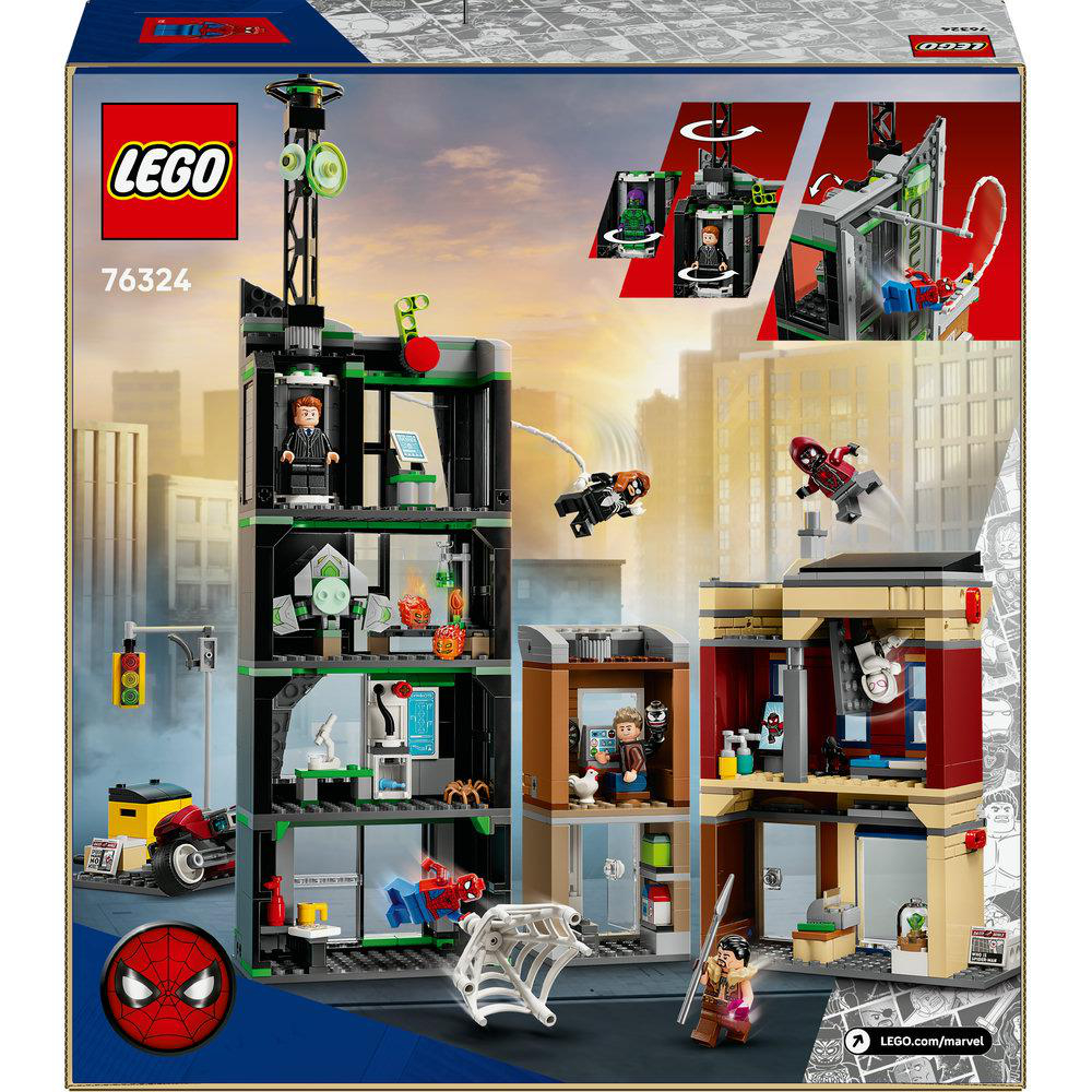 Lego-Set-Box-Art. Zeigt Spider-Man, Black Cat und andere Minifiguren. Zeigt eine Stadtlandschaft mit Gebäuden und Actionszenen.