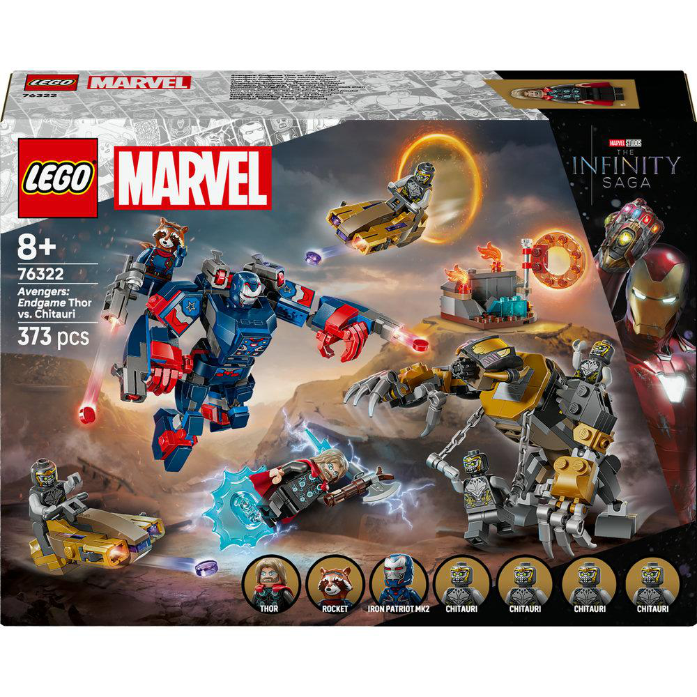 Lego Marvel Set-Box-Art. Mit Thor, Rocket, Iron Patriot und Chitauri. Enthält Lego-Figuren und Fahrzeuge in Action-Szenen.