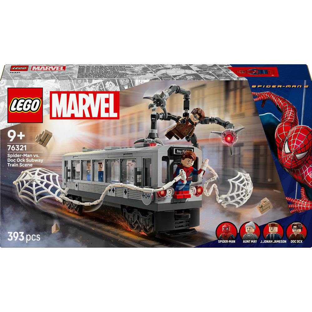 Lego Marvel Set. Spider-Man, Doc Ock und U-Bahn-Zug. Die Box zeigt Spider-Man und ein Zug-Set mit 393 Teilen.