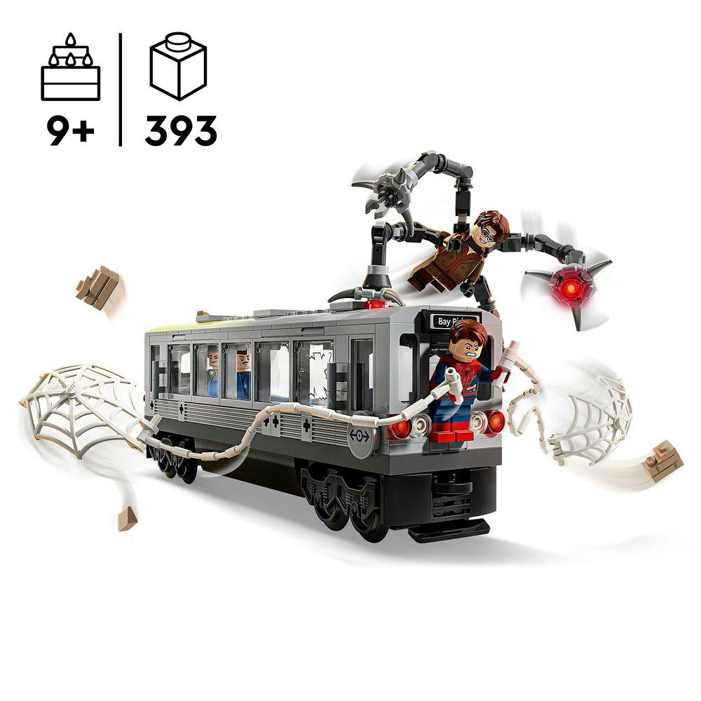 Lego-Set mit U-Bahn-Zug, Spider-Man und anderen Figuren. Enthält Netz, Roboterarme und Altersangabe 9+.