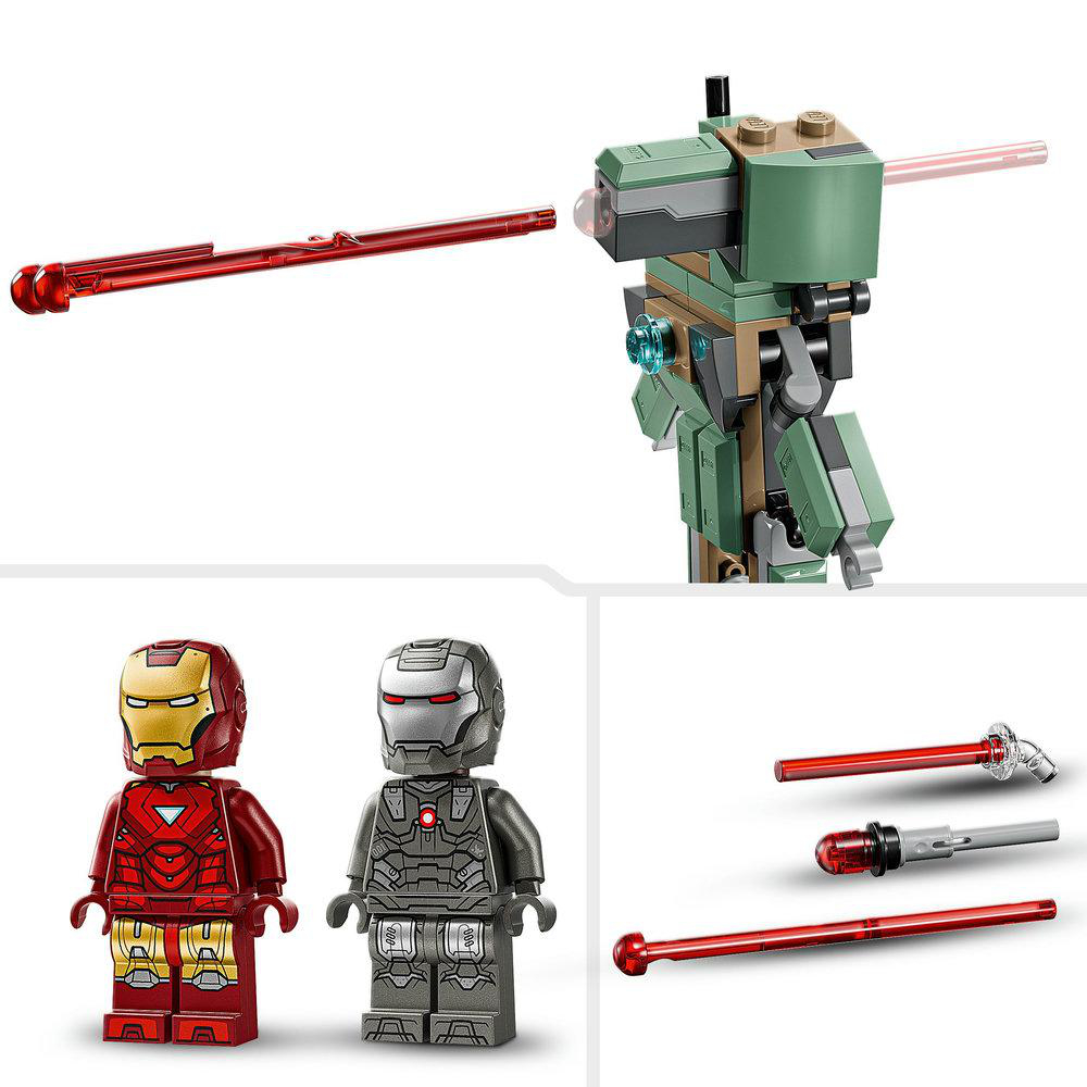 Lego-Set mit Iron Man und War Machine Figuren, zusammen mit einem grünen und braunen Mech und roten Laserstrahlen.
