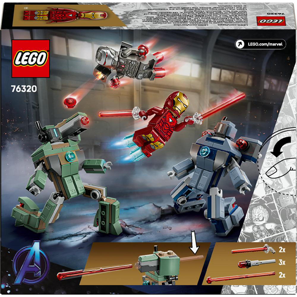 LEGO Set 76320. Iron Man kämpft gegen Roboter. Grüne, graue und silberne Mechs. Rote Laserstrahlen.