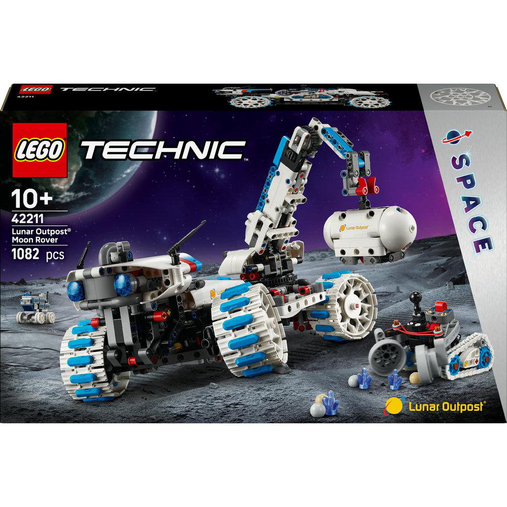 Ein LEGO Technic Lunar Outpost Moon Rover Set. Die Box zeigt den Rover mit einem Kran, der eine weiße Kapsel hebt, vor einem Weltraumhintergrund.
