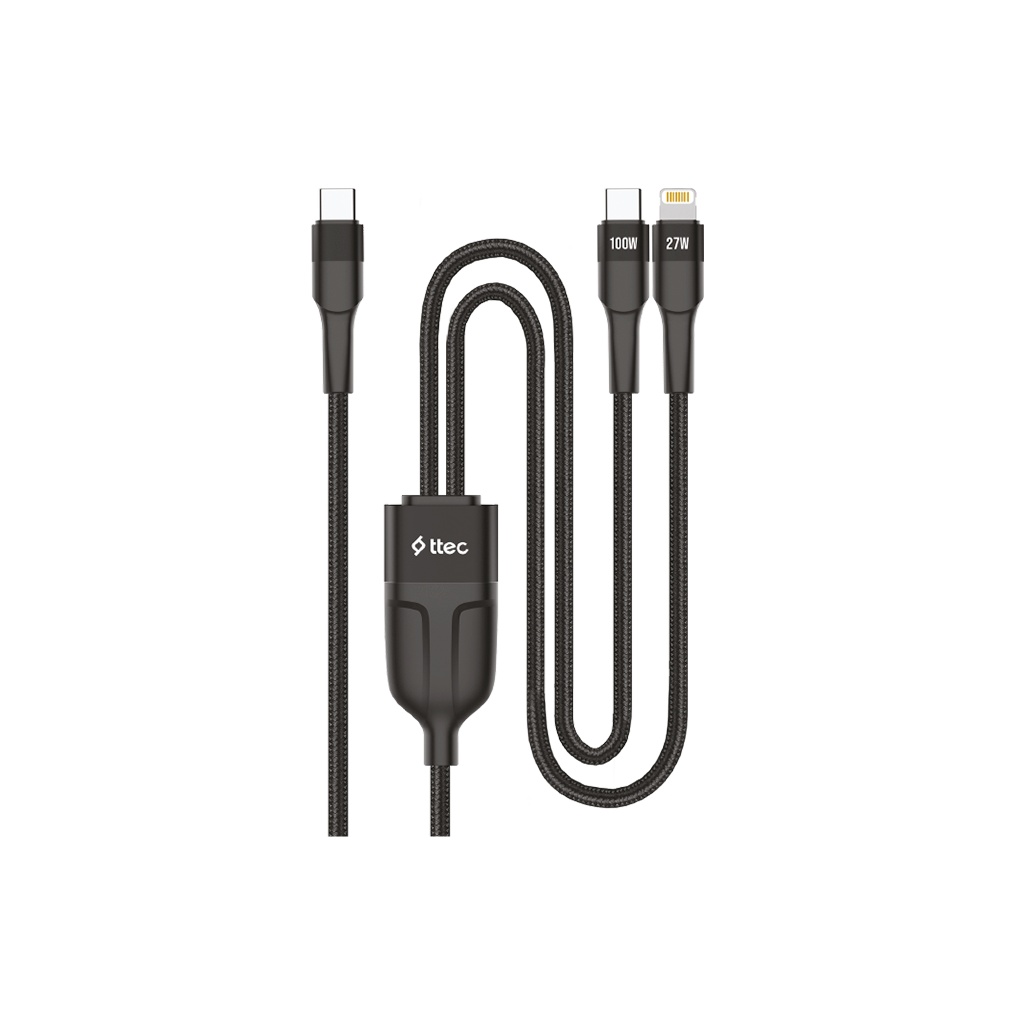 Siyah şarj kablosu, USB-C, Lightning ve diğer konektörlerle, 'ttec' logosuyla. 100W ve 27W güç değerlerini gösterir.