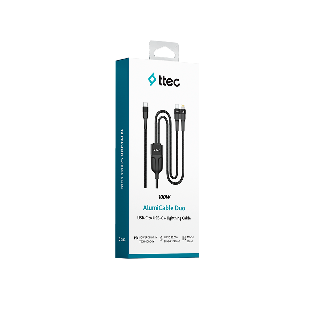 Bir ambalaj, siyah bir USB-C - USB-C ve Lightning kablosu gösteriyor. Ambalaj beyaz, mavi detaylı ve ttec markası.