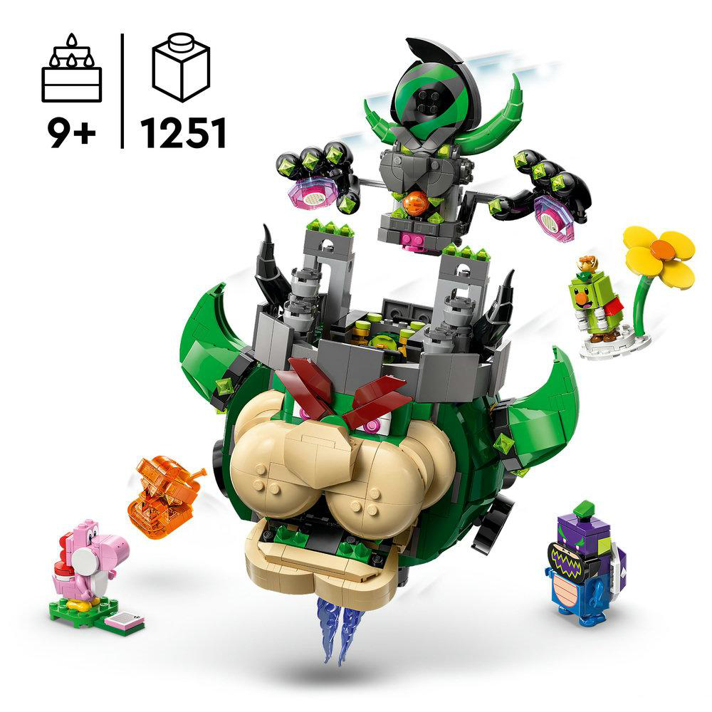 Lego Bowser Set. Das Set enthält einen großen grünen Bowser-Kopf, verschiedene Lego-Figuren und die Altersangabe 9+ mit 1251 Teilen.