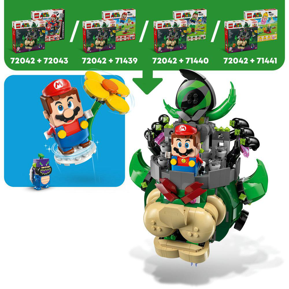 Lego Mario-Sets mit Mario-Figuren und Bowsers Schloss. Lego-Sets sind um Lego Mario und Bowser-Figuren angeordnet.