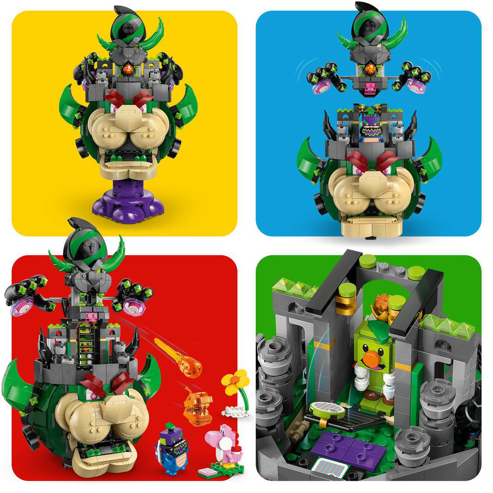 Vier Bilder mit Lego Bowser-Sets. Das erste zeigt Bowser auf einer lila Basis. Andere Bilder zeigen verschiedene Szenen mit Bowser.