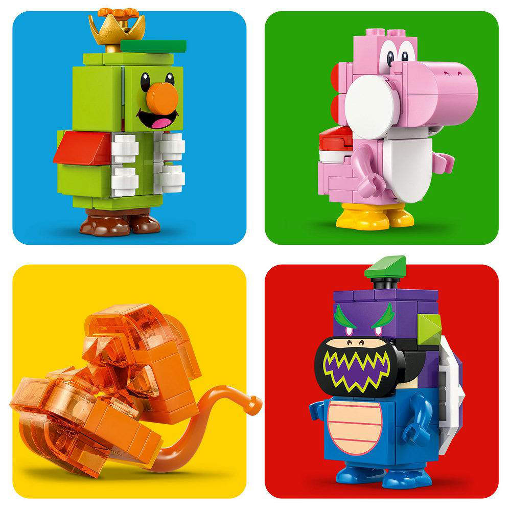 Vier Lego-Figuren auf farbigen Hintergründen. Grüner Block mit orangefarbener Nase und Krone. Pink Yoshi. Oranger Löwe. Lila Monster.