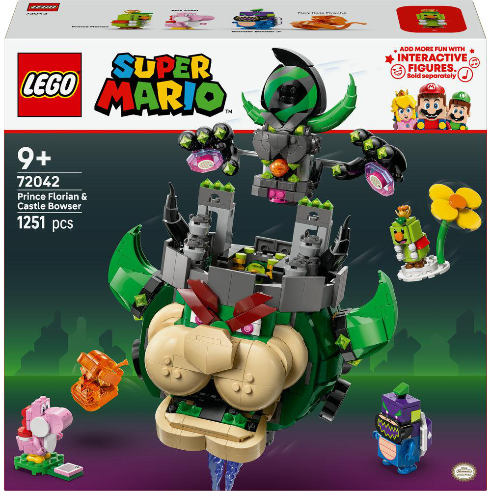 Eine LEGO Super Mario Set-Box. Sie zeigt Bowsers Burg mit Figuren. Die Box hat das LEGO-Logo und das Super Mario-Branding.