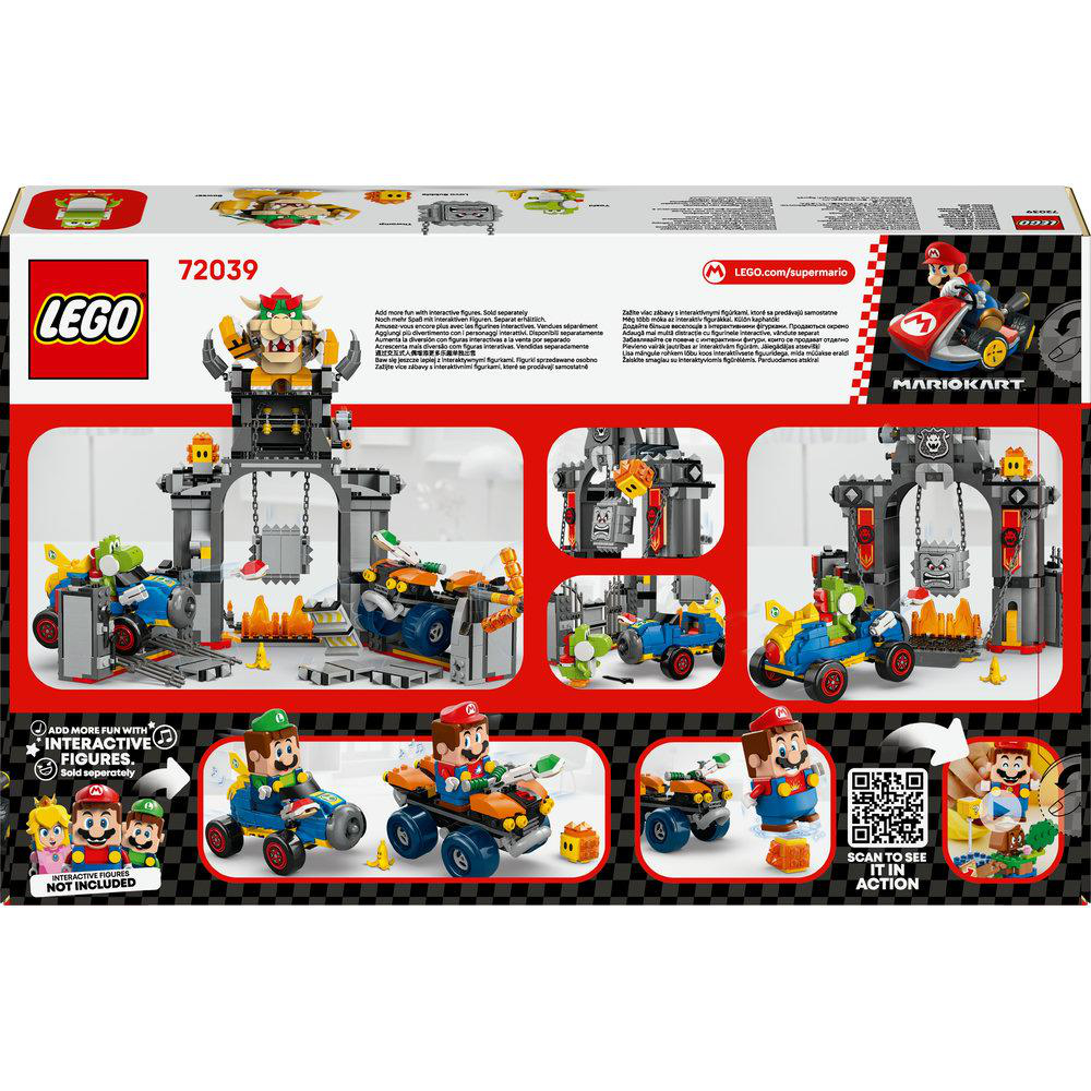 LEGO Mario Kart Set-Box. Enthält Figuren, Karts und eine Bowser-Schlossstruktur.
