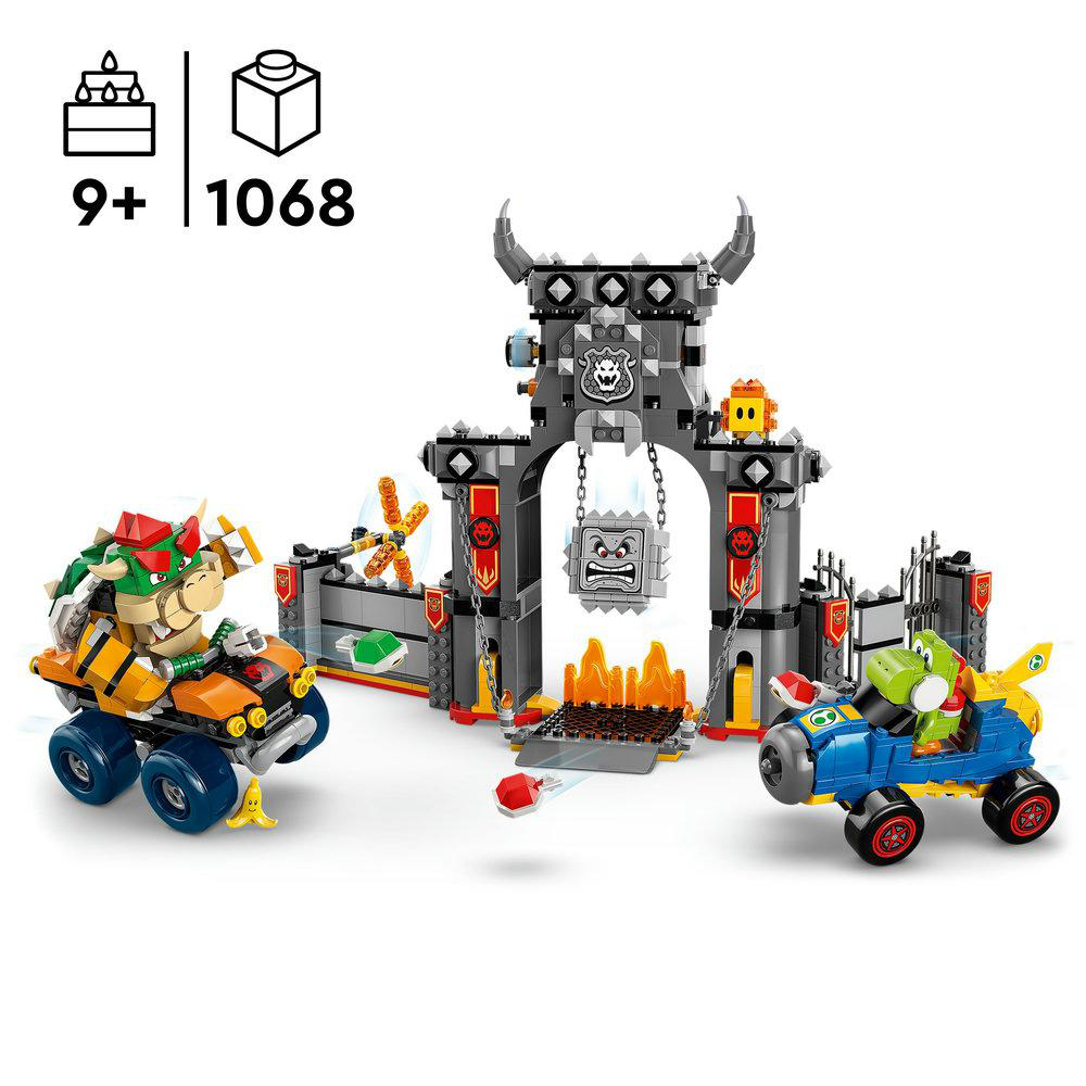 Lego-Set mit Bowser- und Yoshi-Figuren in Fahrzeugen, einer Burg und der Nummer 1068. Enthält eine Altersangabe von 9+.