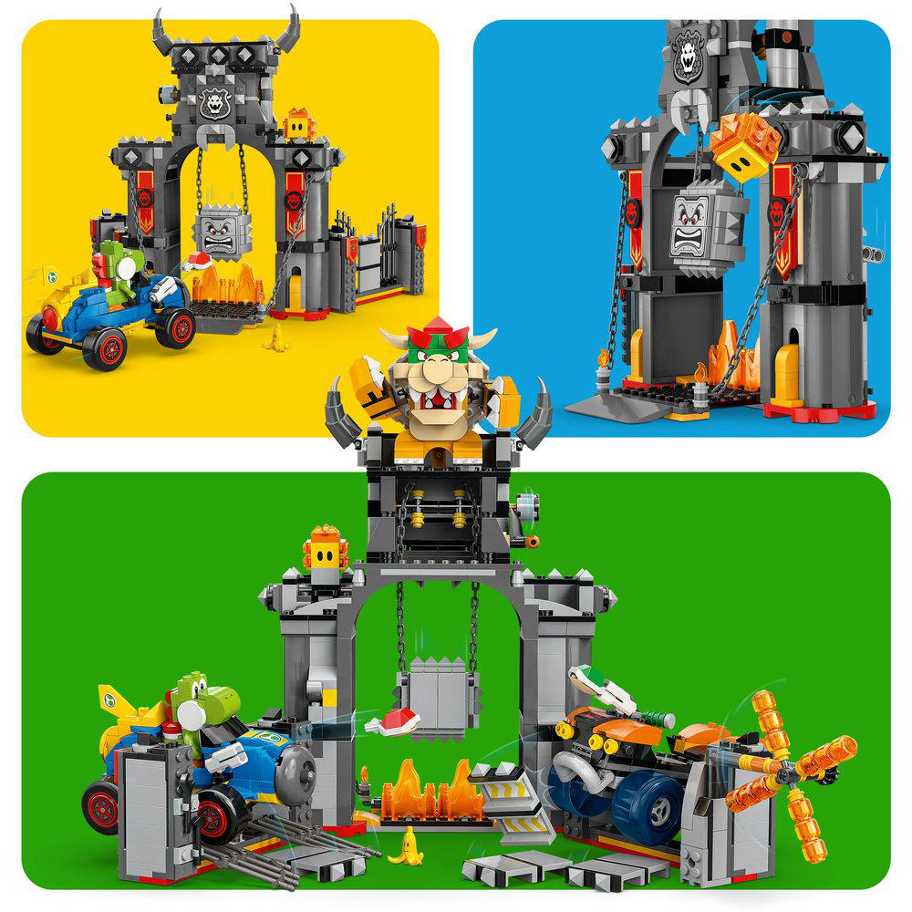 Lego-Set mit Bowsers Burg, Mario-Charakteren und Fahrzeugen auf gelbem, blauem und grünem Hintergrund. Die Burg ist grau.
