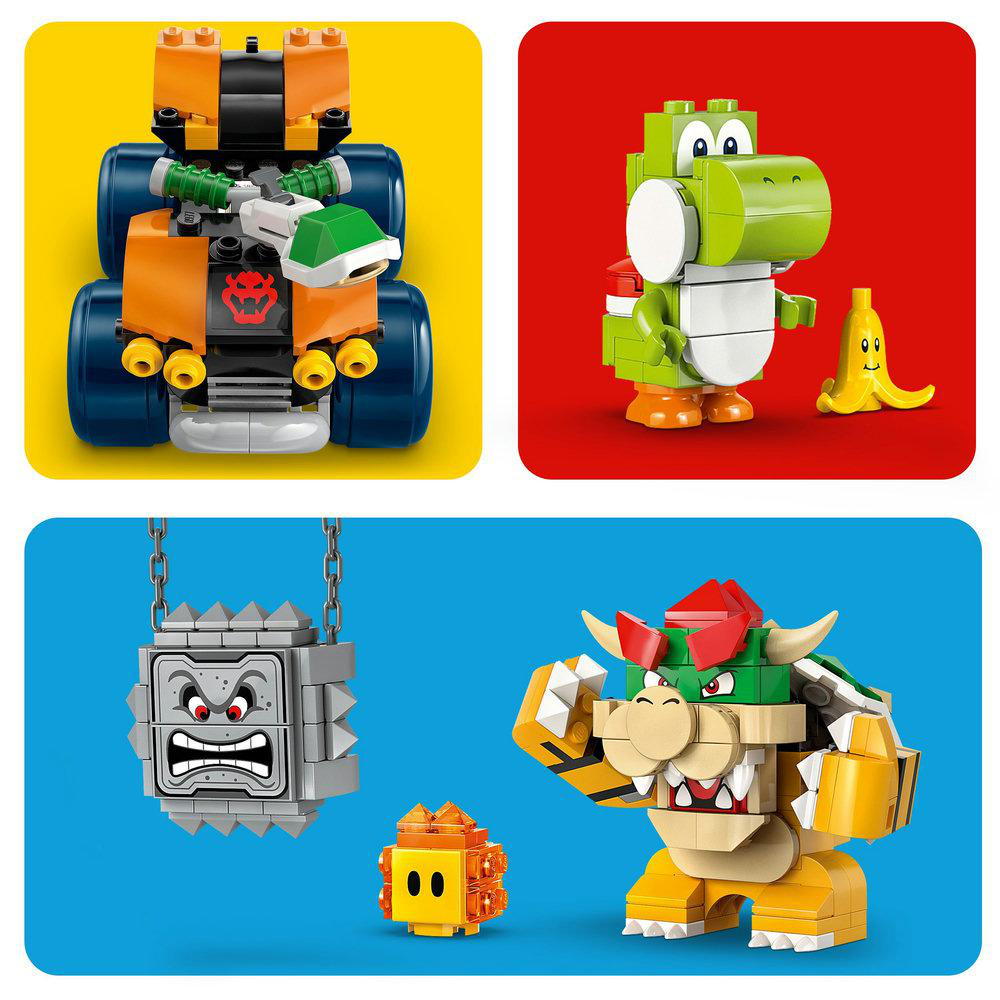 Vier Lego-Sets, darunter ein Auto, Yoshi, ein Thwomp und Bowser. Jedes Set ist farbenfroh mit unverwechselbaren Designs.