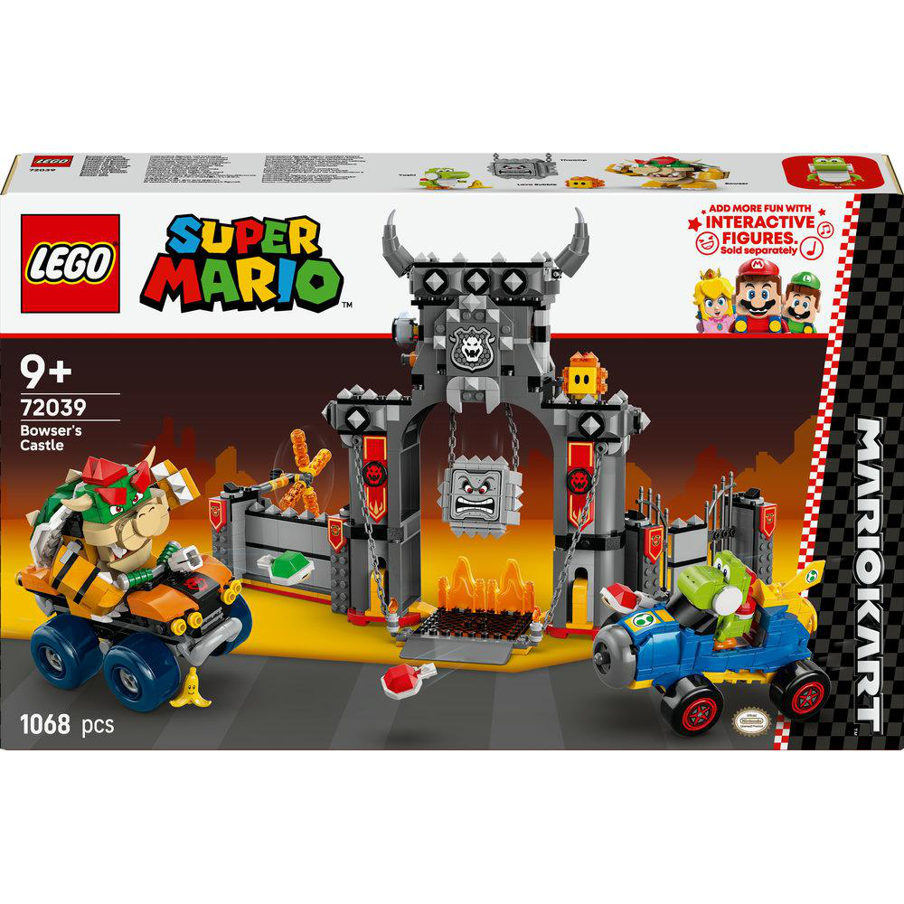 Lego Super Mario Bowser's Castle Set. Enthält Figuren, Burg und Fahrzeuge. Enthält das Mario Kart Logo und die Altersempfehlung 9+.