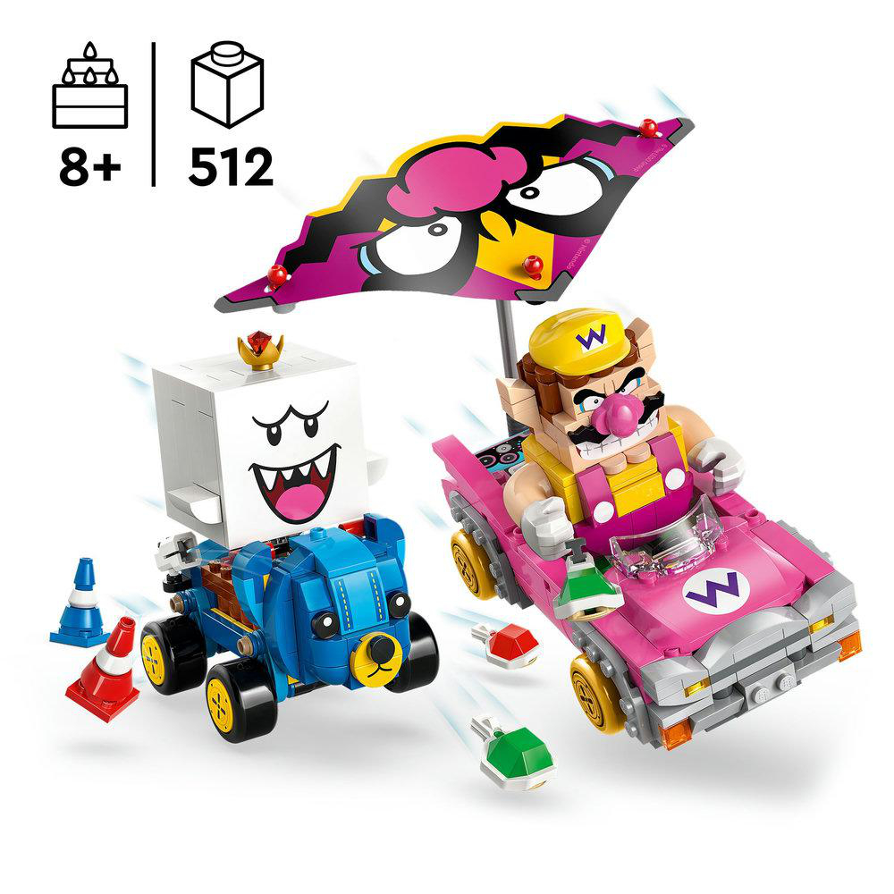 Lego-Set mit einem rosa Auto mit Wario, einem blauen Auto mit einem Geist und einem schwarz-rosa Regenschirm, mit Alters- und Stückzahlindikatoren.