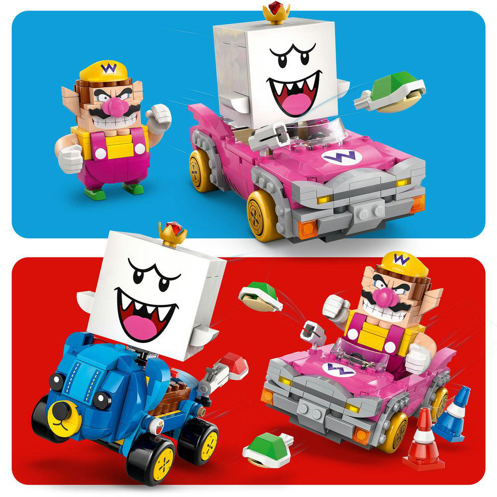 Zwei Szenen: Lego-Sets von Mario-Charakteren in Autos. Eine Szene vor blauem, die andere vor rotem Hintergrund.