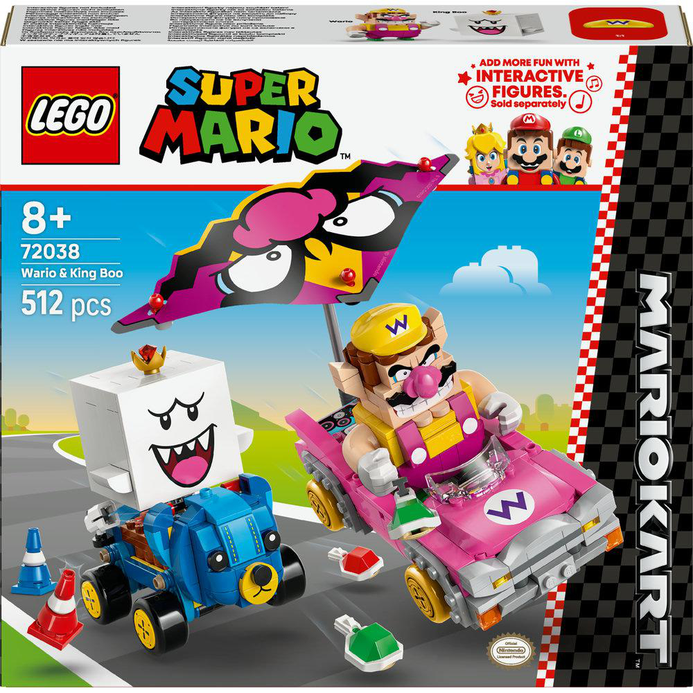 LEGO Super Mario Set. Wario und King Boo Figuren in Go-Karts. Enthält einen rosa Kart, einen blauen Kart und Streckenzubehör.
