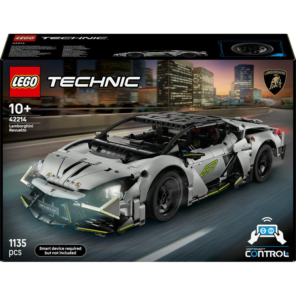 Ein LEGO Technic Bausatz zeigt ein Lamborghini Revuelto Modellauto. Die Box zeigt das Auto vor einem Stadt-Hintergrund, mit Logo und Alter.