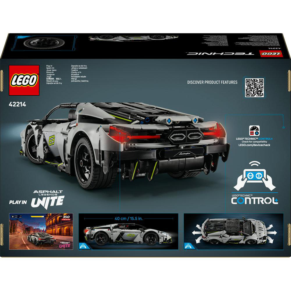 Eine Lego Technic-Box zeigt ein silbernes Lamborghini-Modell. Die Box hat Text, einen QR-Code und ein Bild des Autos in Bewegung.
