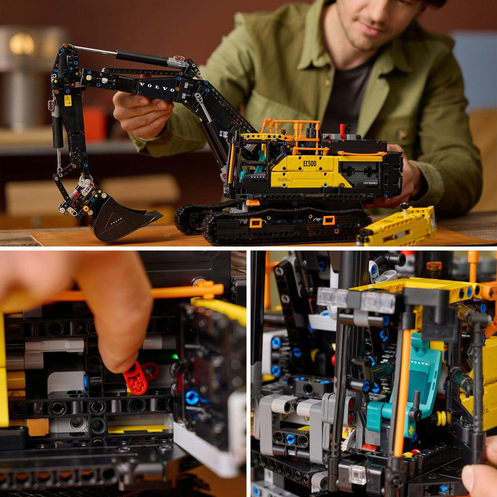 Ein Mann hält ein gelb-schwarzes Volvo EC500 Lego-Modell. Das Modell steht auf einem Holztisch. Details der Modellteile sind abgebildet.