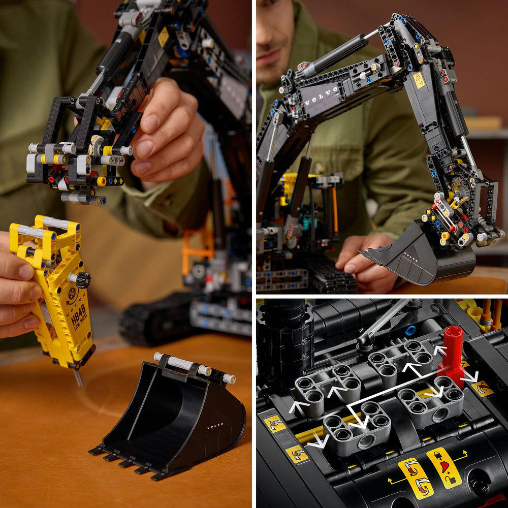 Ein Lego Technic Volvo-Bagger wird in verschiedenen Nahaufnahmen gezeigt, mit Fokus auf Details wie Schaufel, Bedienfeld und Werkzeuge.