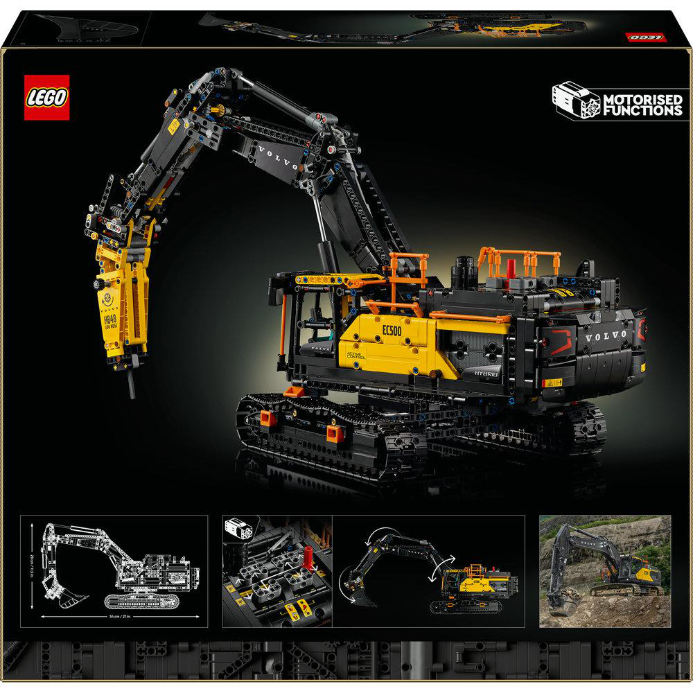 Ein LEGO Technic Volvo EC500 Bagger-Set-Karton. Der Karton zeigt den Bagger, der mit gelben und schwarzen Komponenten gebaut wurde. Er hat eine motorisierte Funktion.