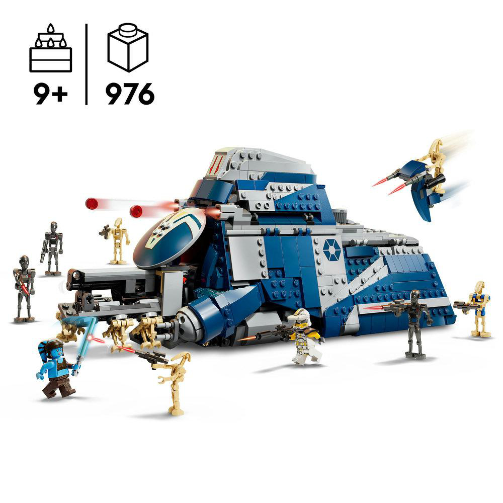 Ein Lego-Set zeigt ein blau-graues Raumschiff mit mehreren Minifiguren. Das Set beinhaltet Droiden und Klonkrieger.