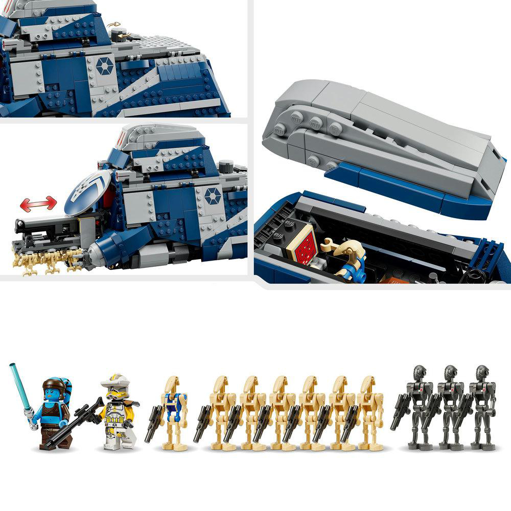 Lego Star Wars Set mit blauem Schiff, Minifiguren und Kampfdroiden. Detaillierte Aufnahmen des Schiffsdesigns und der Figuren.