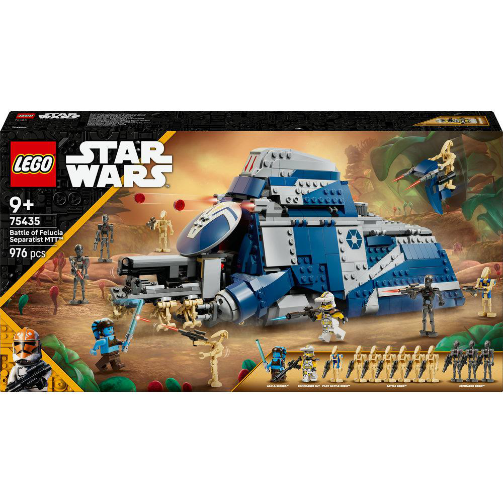 LEGO Star Wars Set. Blau-graues MTT-Fahrzeug umgeben von Minifiguren. Die Box hat das Star Wars und LEGO Logo.