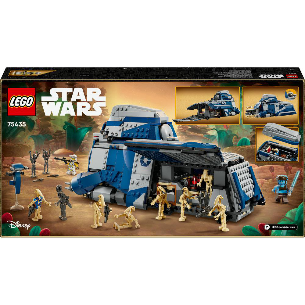 LEGO Star Wars Set. Ein großes blaues und graues Fahrzeug ist von Minifiguren und zusätzlichen Bildern umgeben. Das Disney-Logo ist sichtbar.