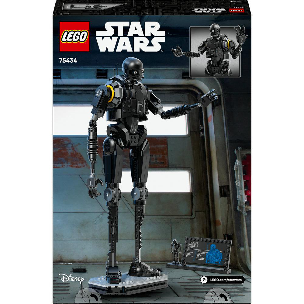 LEGO Star Wars K-2SO Set. Ein schwarzes Robotermodell steht auf einer Plattform. Die Schachtel zeigt das Modell und ein kleineres Bild davon.