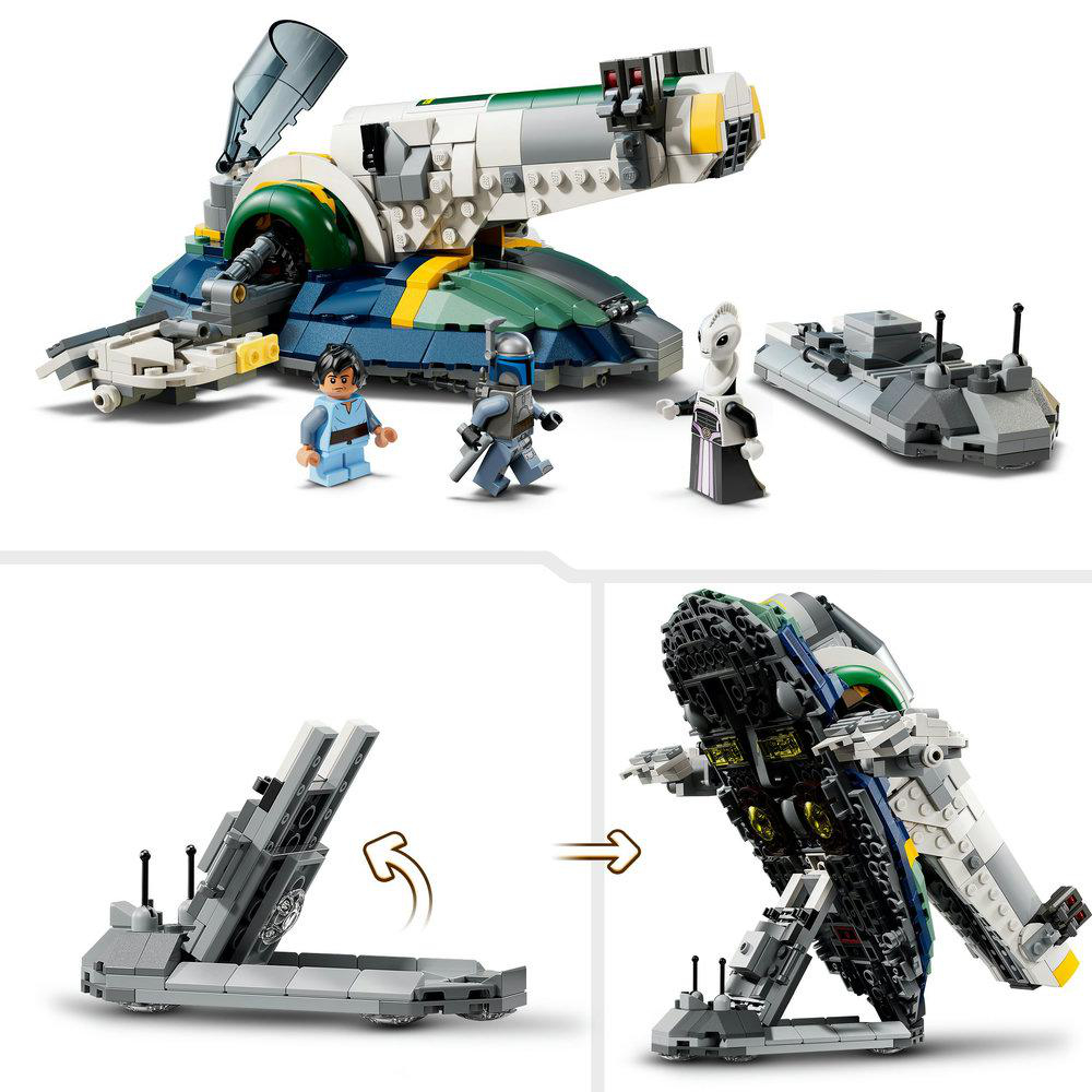 Lego-Set mit Raumschiff, drei Minifiguren und einem kleinen Fahrzeug. Das Raumschiff ist der Mittelpunkt, mit detailliertem Design und Farben.