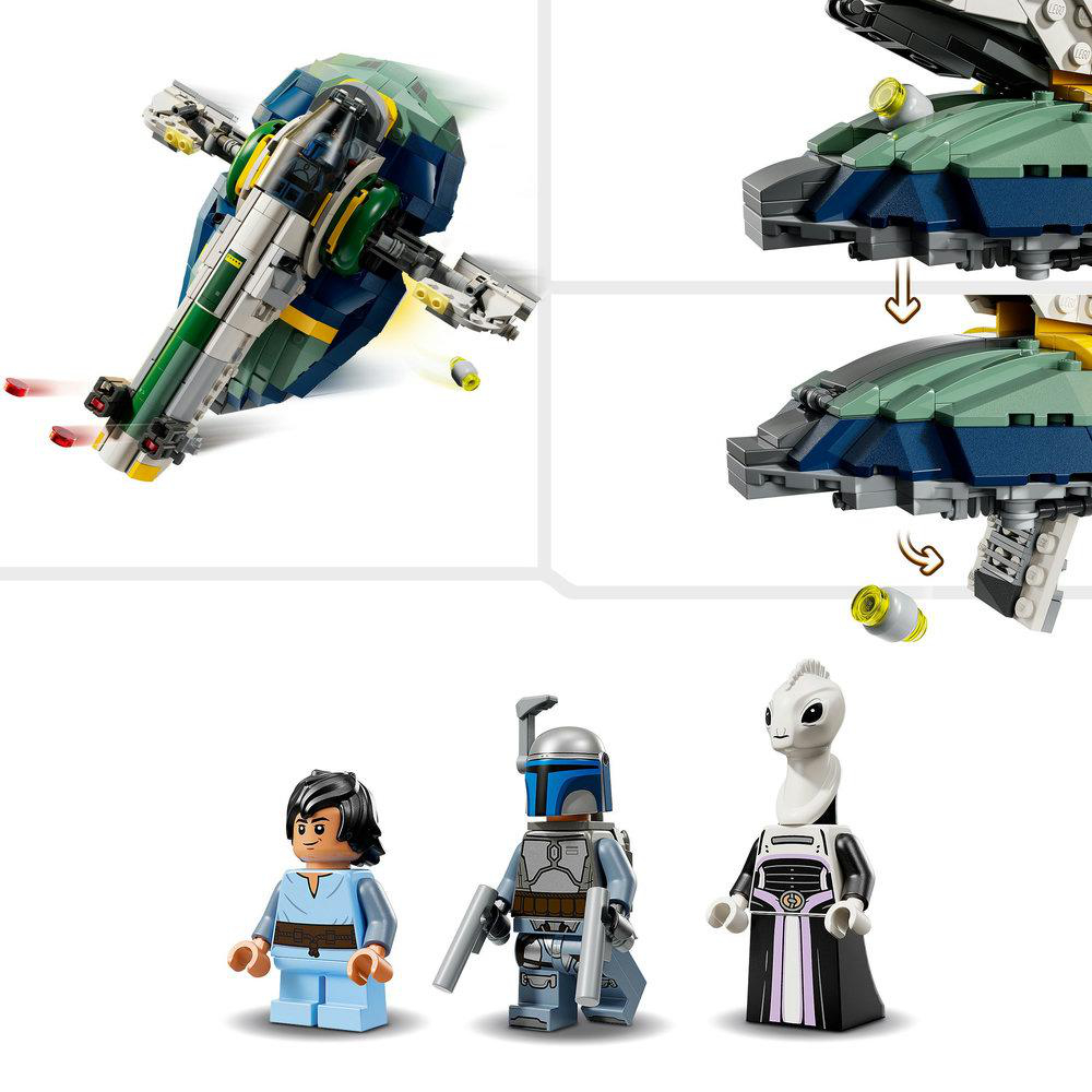 Ein Lego-Set mit einem Raumschiff und drei Lego-Figuren. Das Schiff ist hauptsächlich blau, grün und gelb. Figuren sind Boba Fett und andere.