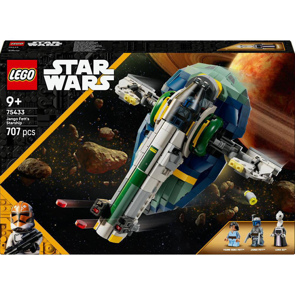 LEGO Star Wars Set mit Jango Fetts Raumschiff. Die Box zeigt das Schiff im Weltraum mit Planeten. Enthält Minifiguren.