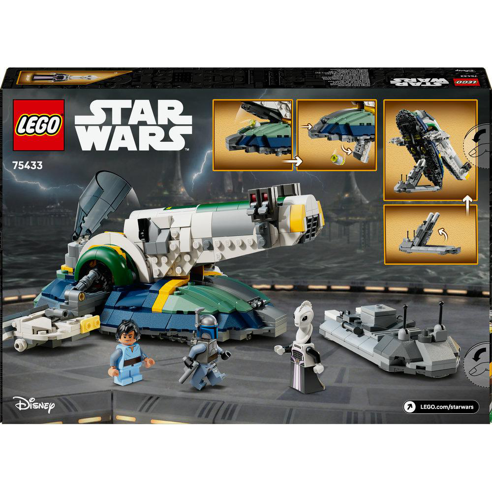 Lego Star Wars Set-Box. Enthält ein Schiff, Minifiguren und Bilder des Schiffsbaus. Dunkler Hintergrund mit Blitzen.