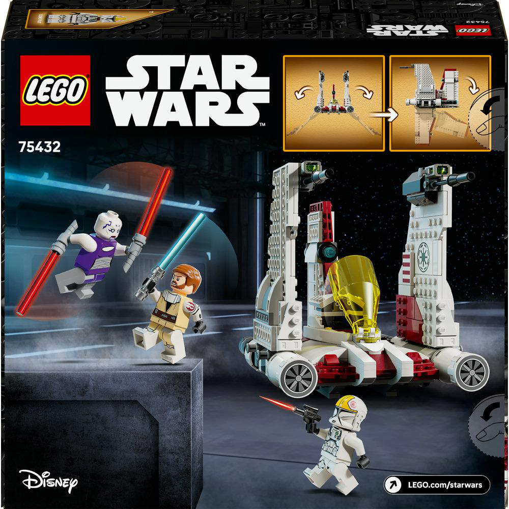 Lego Star Wars Box. Lego Figuren mit Lichtschwertern und ein weiß-rotes Schiff, ein Pilot und das Lego-Logo.