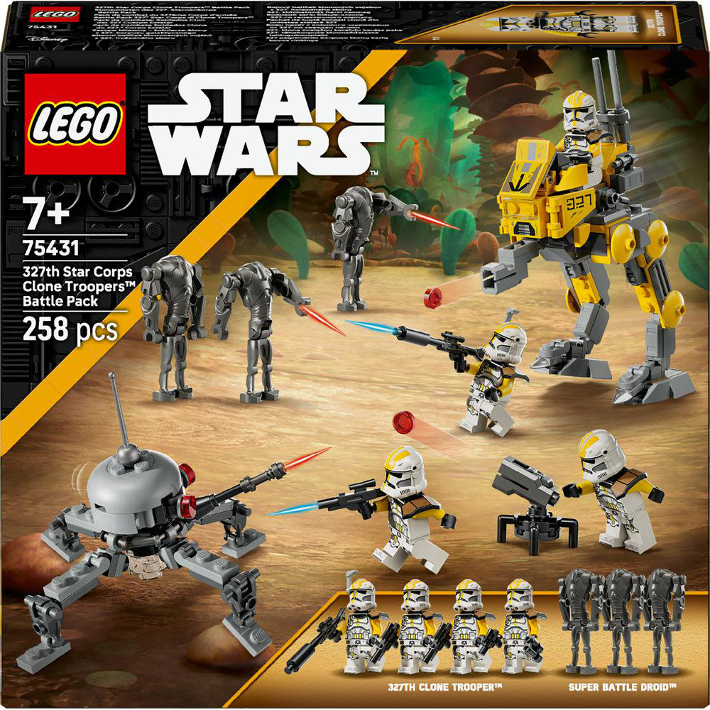 Lego Star Wars Set. Enthält Clone Troopers, Kampfdroiden und einen Walker vor Wüstenhintergrund. Die Verpackung zeigt das Set.