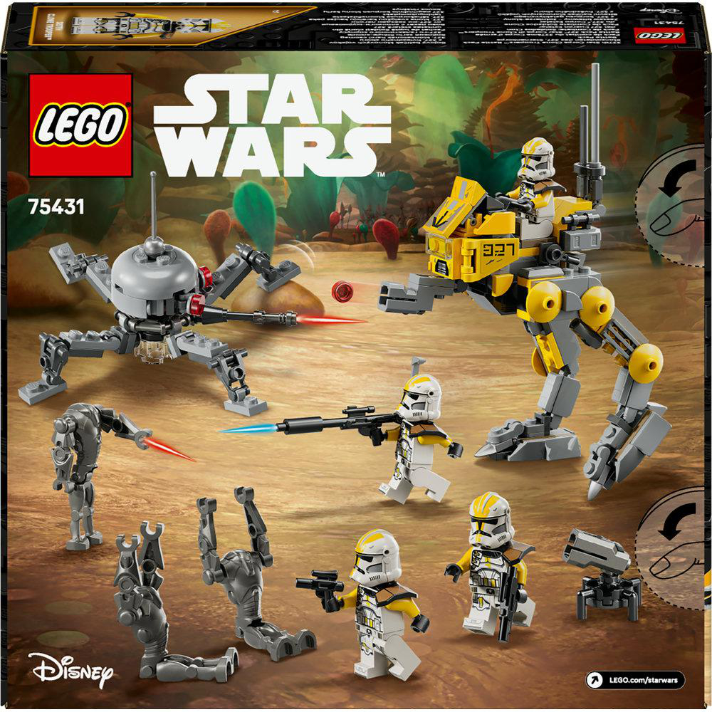 LEGO Star Wars Set. Enthält gelbe und graue Walker, Klonkrieger und Drohnenfiguren. Vor grünem und braunem Hintergrund.
