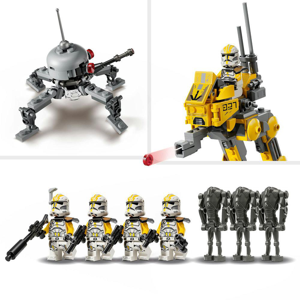 Lego Star Wars Set. Enthält einen Walker, Minifiguren und Droiden. Der Walker ist gelb und grau, die Minifiguren haben weiße und gelbe Rüstung.