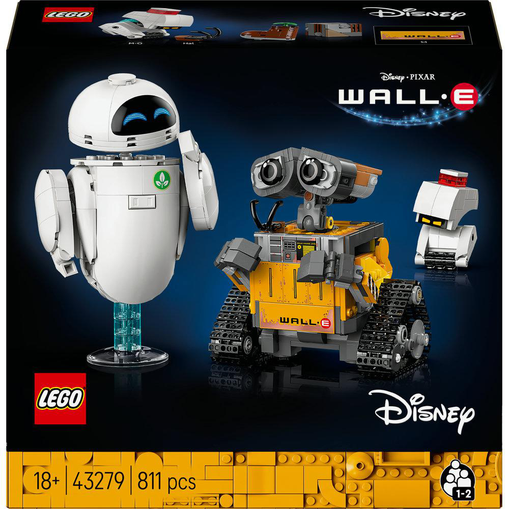 Eine LEGO-Box mit WALL-E und EVE und anderen Charakteren. Die Box hat das LEGO- und Disney-Logo, was auf ein Set für 18+ hinweist.