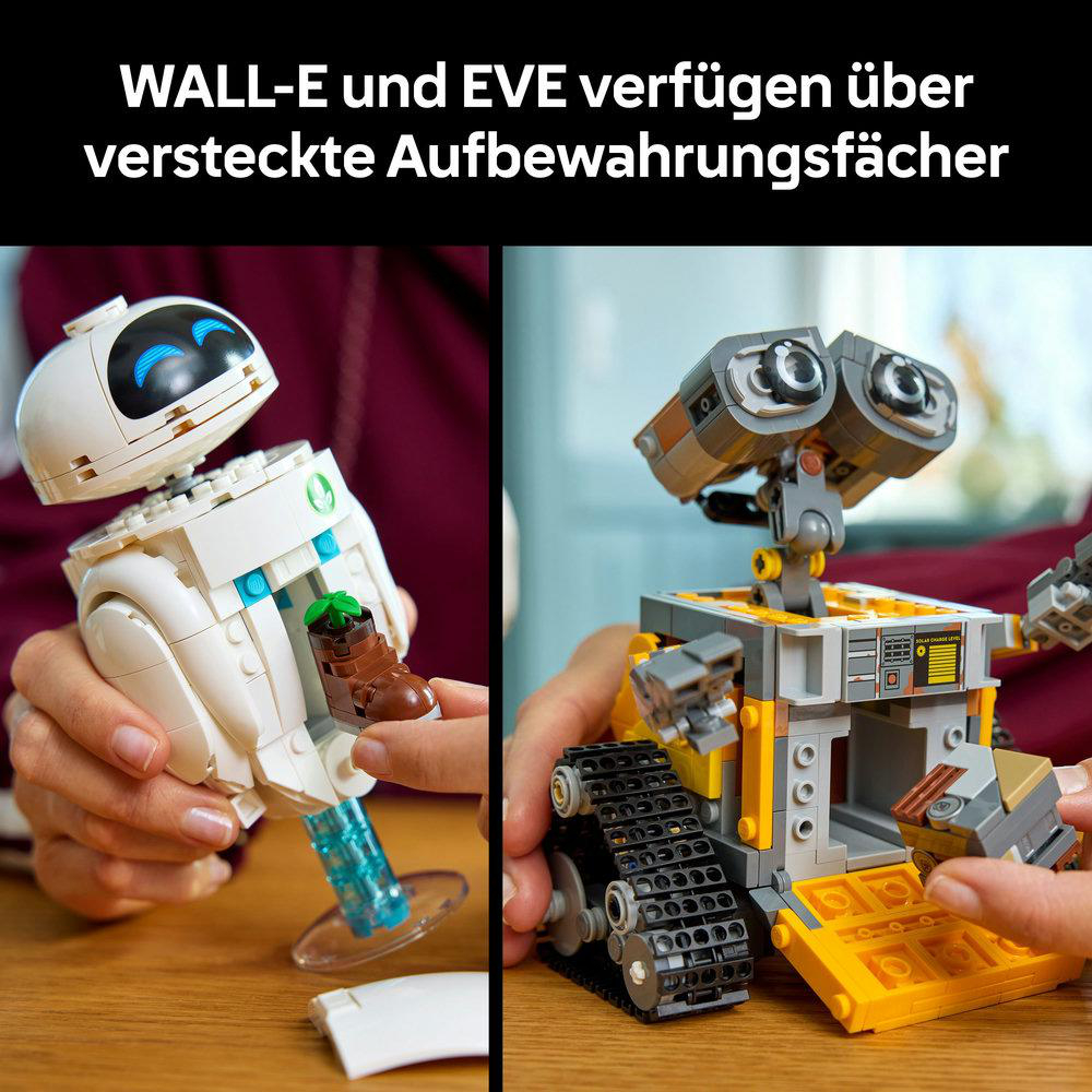 Zwei Lego-Roboter, Wall-E und Eve. Wall-E ist weiß und braun, Eve ist weiß. Sie stehen nebeneinander.