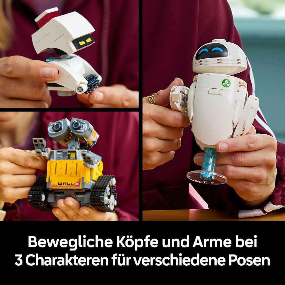 Collage von drei Roboterspielzeugen: weiß, gelb und weiß. Sie werden von Händen gehalten. Der Text unten lautet: Bewegliche Köpfe und Arme.