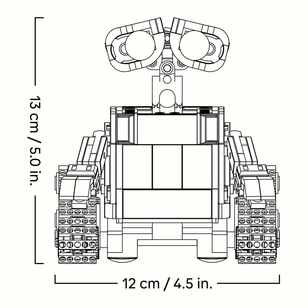 Schwarz-Weiß-Diagramm eines Roboters, WALL-E. Abmessungen von 13 cm / 5,0 Zoll Höhe und 12 cm / 4,5 Zoll Breite sind angegeben.