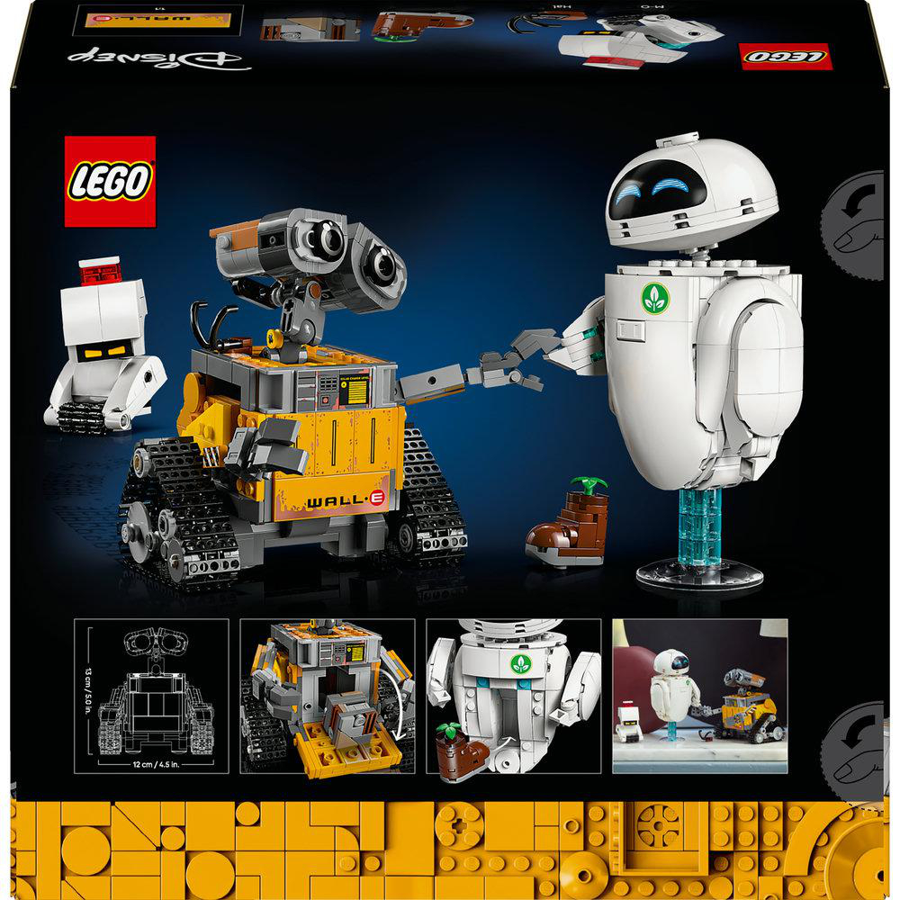 LEGO-Box mit den Robotern WALL-E und EVE. Die Box ist schwarz mit den LEGO- und Disney-Logos. WALL-E und EVE stehen im Mittelpunkt.